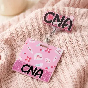 Pink Glitter CNA Badge Reel & Badge Buddy Set | Retractable ID Holder for CNAs | Cute Nursing Gifts