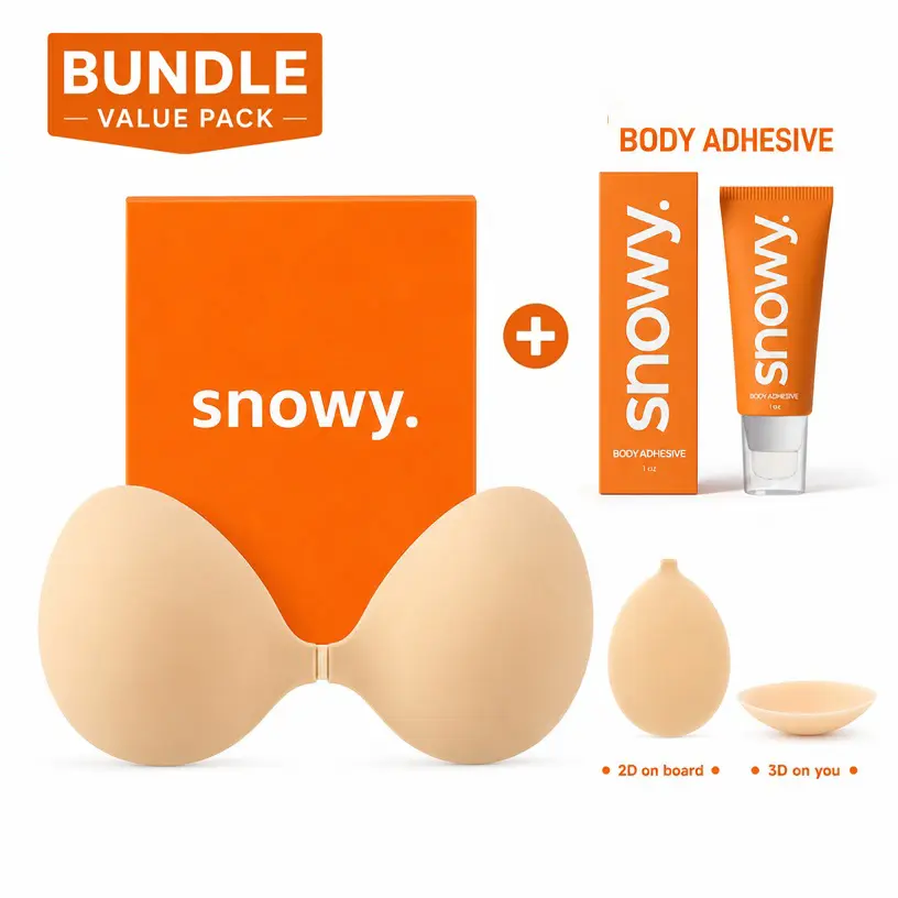 Snowy Strapless Bra – Push-up Sticky Bra, Waterproof & Sweat-proof Invisible Bra, Reusable Silicone Adhesive Bra for Women, Includes Storage Board & Replaceable Pads