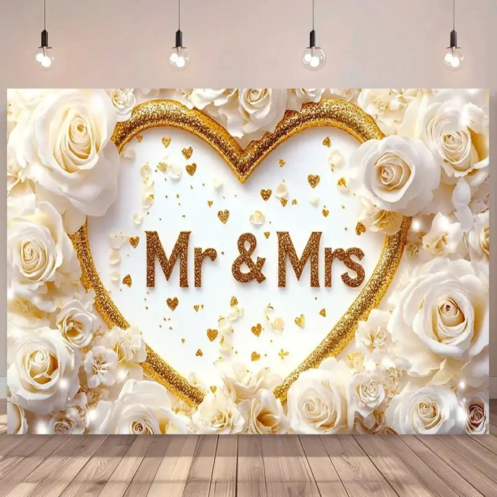1pc 2D Flat Polyester Wedding Arch Backdrop - Mr & Mrs Heart Flower Design, Featherless White Banner, No-Electricity Wedding Party & Newlywed Photography Decor Supplies