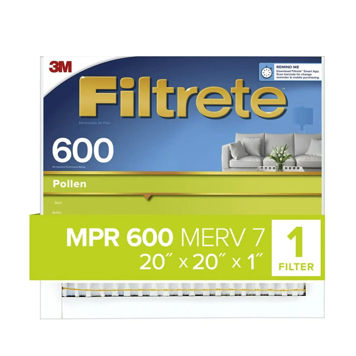 3M 9832DC Filtrete Air Filter, 20x20x1 Inch, Dust & Pollen Reduction, Electrostatically Charged for Seasonal Allergies