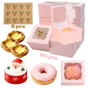 50 PCS Pink Cookie Boxes with Window, 4x4x2.5 Inches Small Bakery Boxes with 5 PCS Stickers, for Mini Cake Cookies Treat Dessert Pastry Donuts Macaroon Strawberries Chocolate Cupcakes Candy.Christmas Gift Box, Birthday Gift Box
