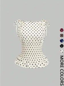 Women's Polka Dot Bow Shoulder Strap Gathered Waist Vest, Stylish Casual Summer Sleeveless Top for Everyday Wear, Comfortable and Trendy Design, Casual Chic Sleeveless