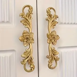 2PCS Bright Gold Metal Furniture Handles, Engraved Leaf and Floral Decorative Cabinet Drawer Pulls, Light Luxury Vintage Wardrobe Door Knobs for Cupboard Drawer Storage Cabinet Home Renovation Hardware