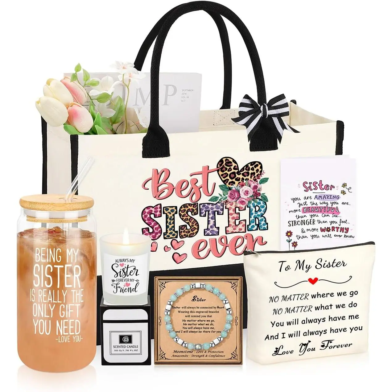 6-Piece Sister Gift Basket Thoughtful Gifts for Sister/Mom/Grandma/Daughter Christmas/Mother’s Day/Birthday Present Cup Tote Diy Party best friend birthday gift