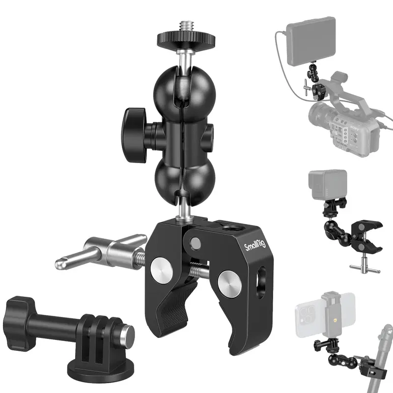 SMALLRIG Adjustable Aluminium Super Camera Clamp with Double Ball Head Magic Arm Mount - 1/4" Screw Attachment, Content Creator Kit, Video Recording Equipment, Photography Camera Accessories for Fence/Desk