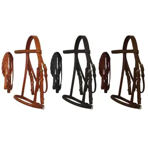 English Headstall With Raised Browband & Braided Leather Reins