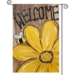 Rustic Sunflower Bee Welcome Garden Flag 12x18in, Double-Sided Farmhouse Wooden Yard Decor, Spring Summer Floral Outdoor Banner for Patio Porch Entryway