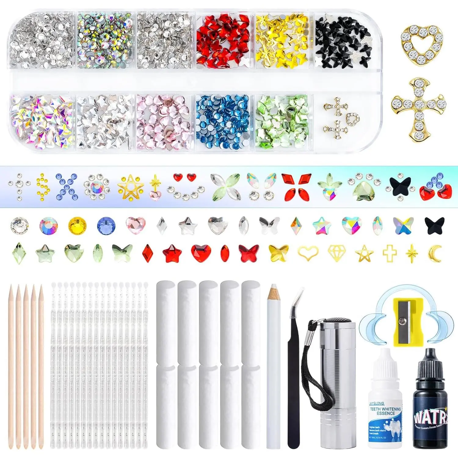 WATRZ 920 Teeth Gem Kit,Tooth Gems for Teeth DIY Crystals 6 Shapes with 600 Round Crystals 8 of Alloy Parts Multicolor Butterfly Love for Girls Harmless
