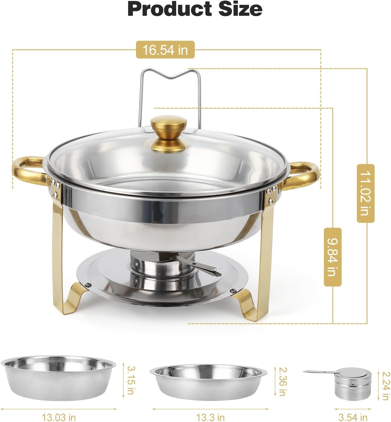 Chafing Dishes for Buffet 4 Pack, 5QT Round Chafing Dish Buffet Set with Visible Glass Lid Stainless Steel Buffet Food Warmers Sets for Wedding Party Banquet, Gold and Silver