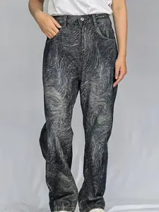 Lux Lee Baggy Dad Women's Jeans - Unique Retro Ocean Wave Texture Prints, Dark & Light Denim Blue Hues On Vintage Fabric, Retro Artistic Vibe With High Street Recognition, Catching Print Jeans, Embroidered