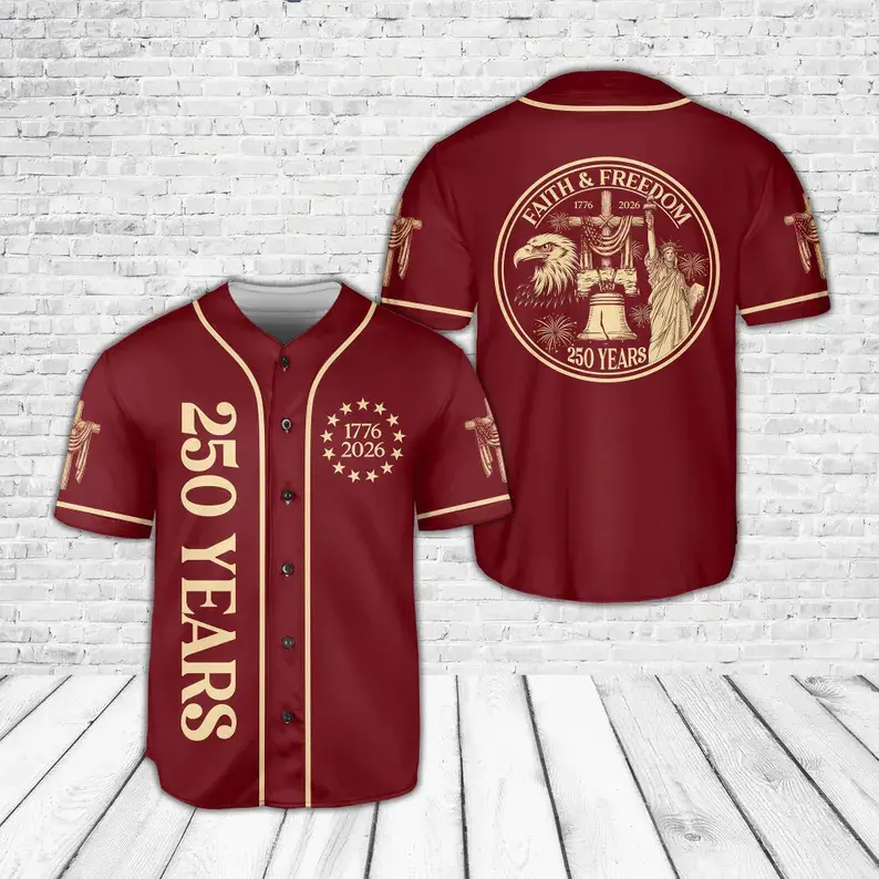 Delivered after July 4th-USA 250 Years Faith and Freedom Baseball Jersey, USA 250th Anniversary 1776–2026 Jersey, Christian Cross USAn Flag, 4th of July Gift - Multiple Colors Available