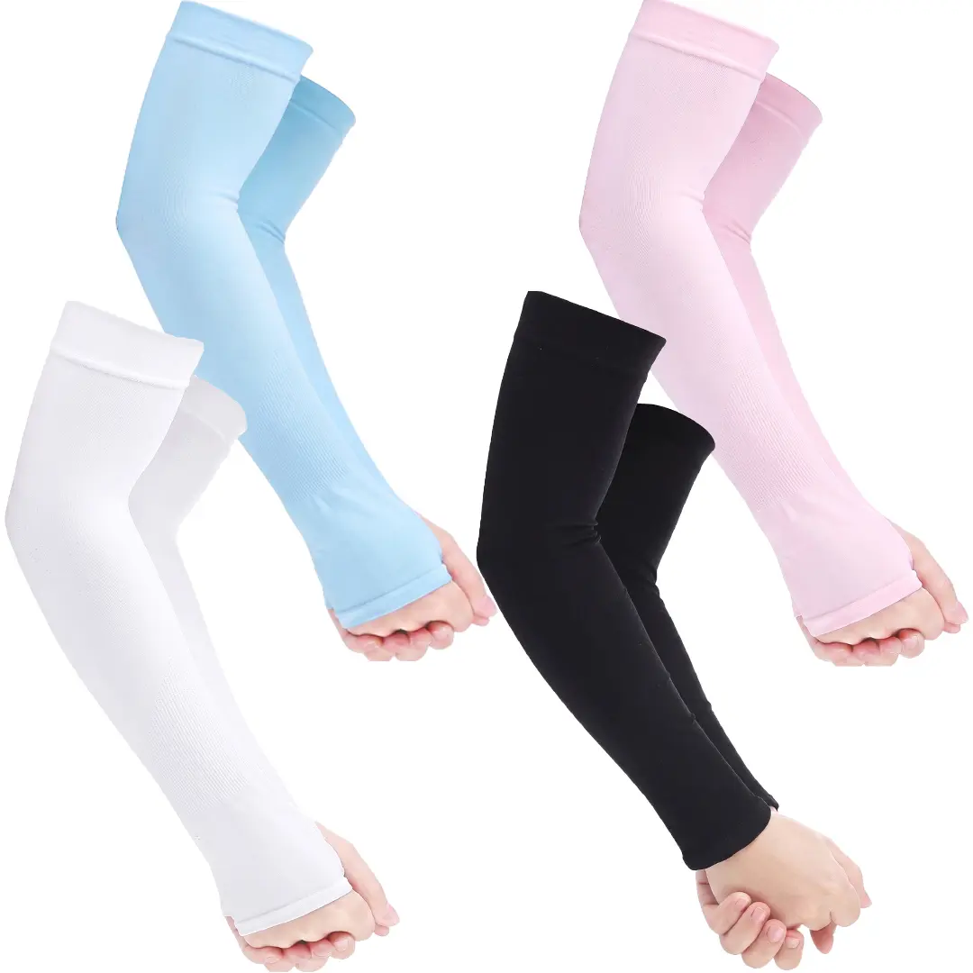 Unisex 4-Pack Nylon Fabric UV Protection Arm Sleeves - Fingerless Fit, Cooling, Breathable, Stretchy, Thumb Hole, Pull-On Design for Outdoor Sports, Cycling, Camping, Travel, Uv Arm Shield
