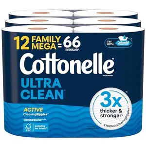Cottonelle Ultra Clean Toilet Paper with Active CleaningRipples Texture, Strong Bath Tissue, 12 Family Mega Rolls = 66 Regular Rolls
