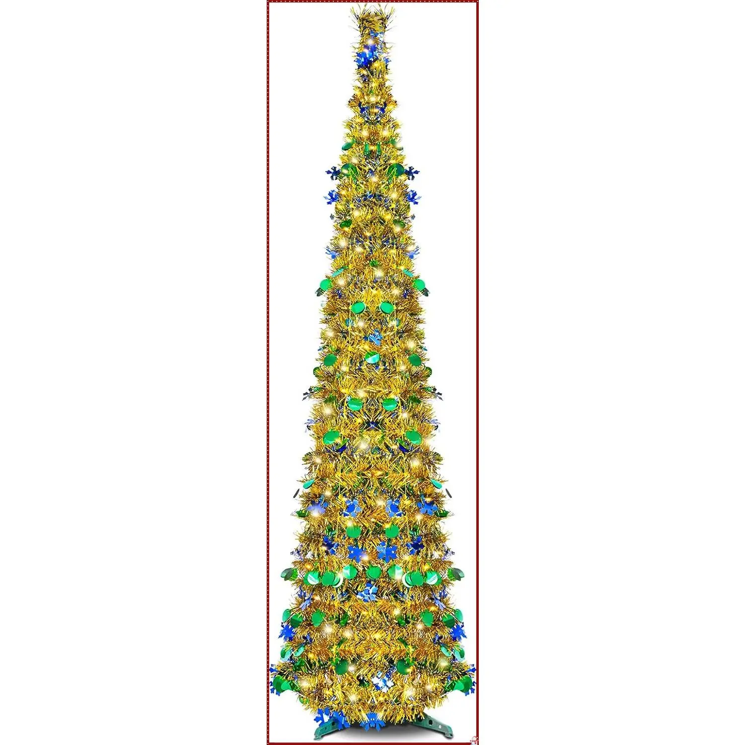 5 ft Tall Lighted Pop-Up Tinsel Pencil Artificial Christmas Specialty Tree with LED Ornaments - Collapsible, Easy-Install Home Supplies Decor for Indoor Holiday, School Festive Use; Eco-Friendly Gift with Storage Feature