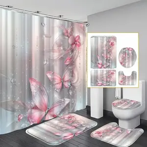 Butterfly Pattern Bathroom Decorations, 4 Countsset Including Shower Curtain Sets & Toilet U-shape Mat & Rectangular Mat & Toilet Lid Cover, Bathroom Decor Supplies