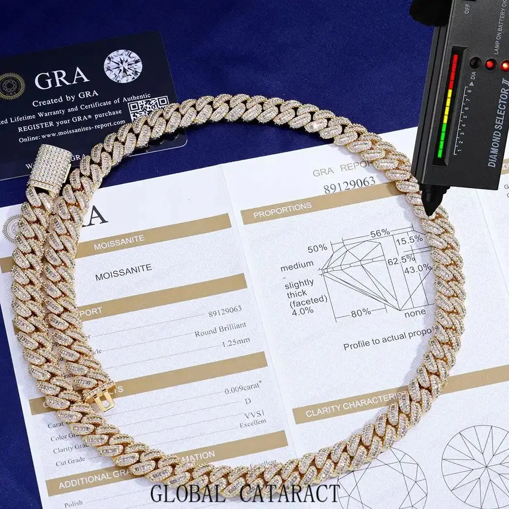 GLOBAL  ESKEEM New 12mm VVS Moissanite Cuban Link Chain 925 Sterling Silver VVS Diamond Bling Iced Out Women Two Stone Necklace
