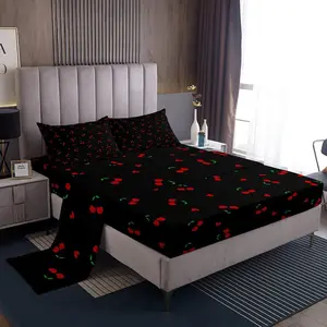 Feelyou Cute Cherry Pattern Bed Sheet Set - Soft Deep Pocket Fitted Sheet, Kawaii Fruit Bedding for Teens