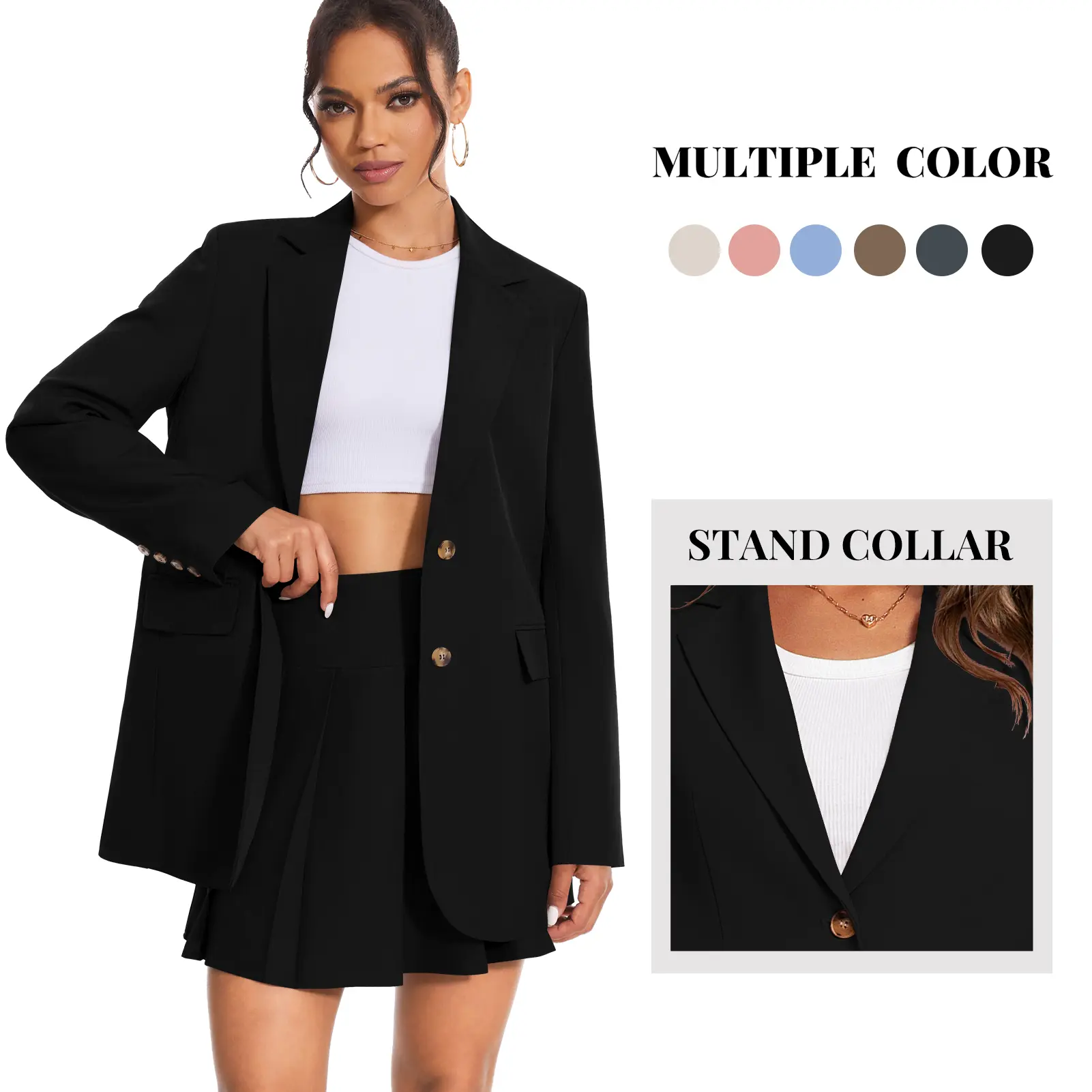 Women's 2-Piece Business Suit - Formal Casual Blazer with Padded Button Lapel, Long Sleeve Comfortable Twill Fabric, Matching Minimalist Mini Pleated Stand Collar Skirt, Summer Outdoor Business Outfits, Business Suits