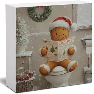 Christmas Gingerbread Bathroom Decor, Christmas Bathroom Box Sign Decorations, Xmas Gingerbread Reading Newspaper on Toilet Box Sign Decorations for Guest BathroomToilet, 5x5Inch