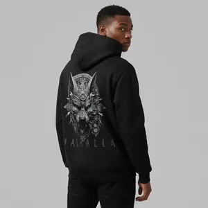 Men's Viking Wolf & Valkyrie Norse Graphic Hoodie - Cotton Blend Black Long Sleeve Pullover Regular Fit | Soft & Breathable Fabric, Durable Print, Everyday Comfort, Machine Washable, dark, detailed graphic urban, moody backdrop