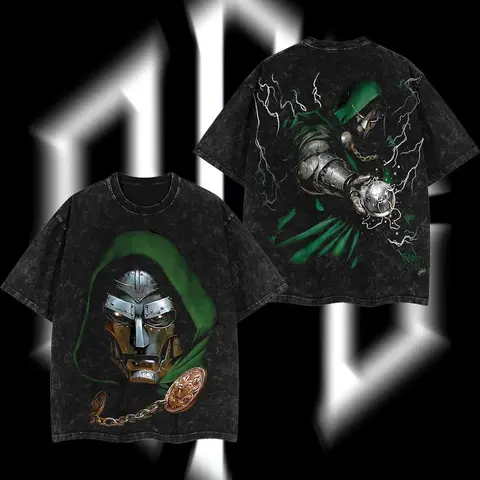 Men's Oversized 'Masked Tyrant' Dr. Doom Vintage Graphic Tshirt - Round Neck, Short Sleeve, Distressed, Lightweight Acid Washed Cotton, Double-Printed Casual Streetwear Top, Men's T Shirts All-Season Menswear