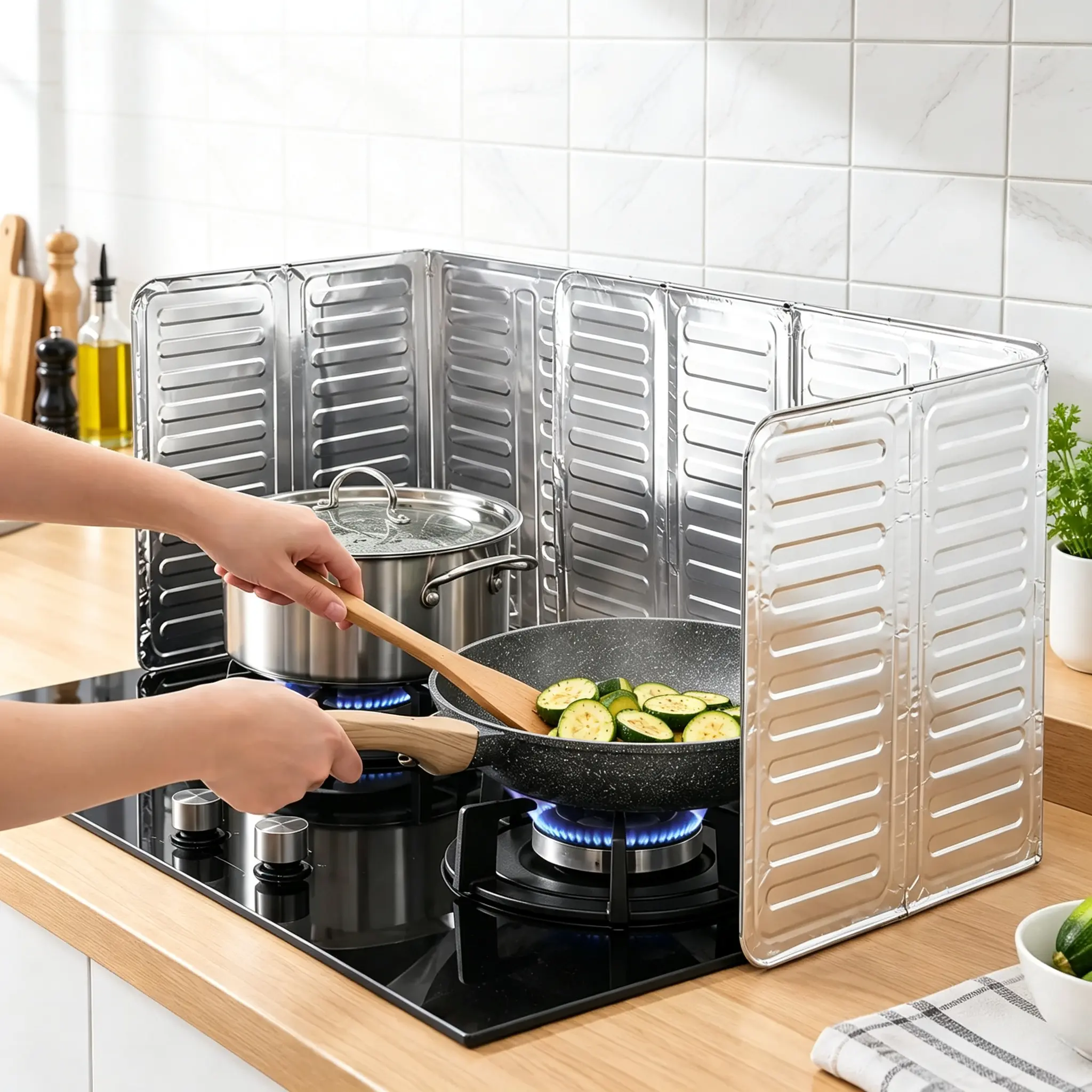 Foldable Stove Splatter Guard, 33.07 × 12.80 in Aluminum Foil Oil Splash Shield & Heat Barrier, Easy-Clean Multi-Panel Cooking Screen for Kitchen Cooktops