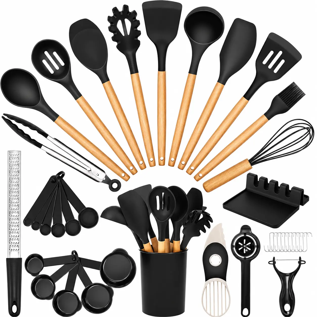 39-Piece Silicone Kitchen Utensils Set with Wooden Handles, Heat-Resistant BPA-Free Cooking Tools for Nonstick Cookware