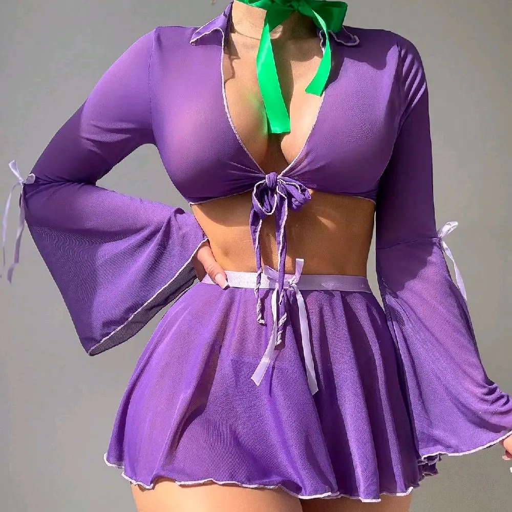 Daphne 4pcs/Set Sexy Costume Purple Mesh Flare Sleeve Ruffled Dress Suit With Tie Costumes & Accessories Womenswear Adjustable Cosplay