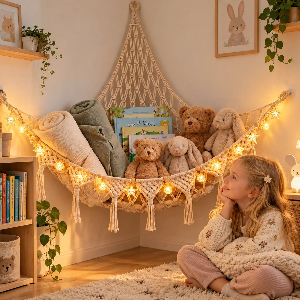 Stuffed Animal Hammock Corner | Sturdy Handcrafted Stuffed Animal Net | 4mm Double Macrame Cord Stuffed Animal Holder | Natural 100% Cotton Plushie Net | Toy Hammock w/LED Light (Ice Cream)