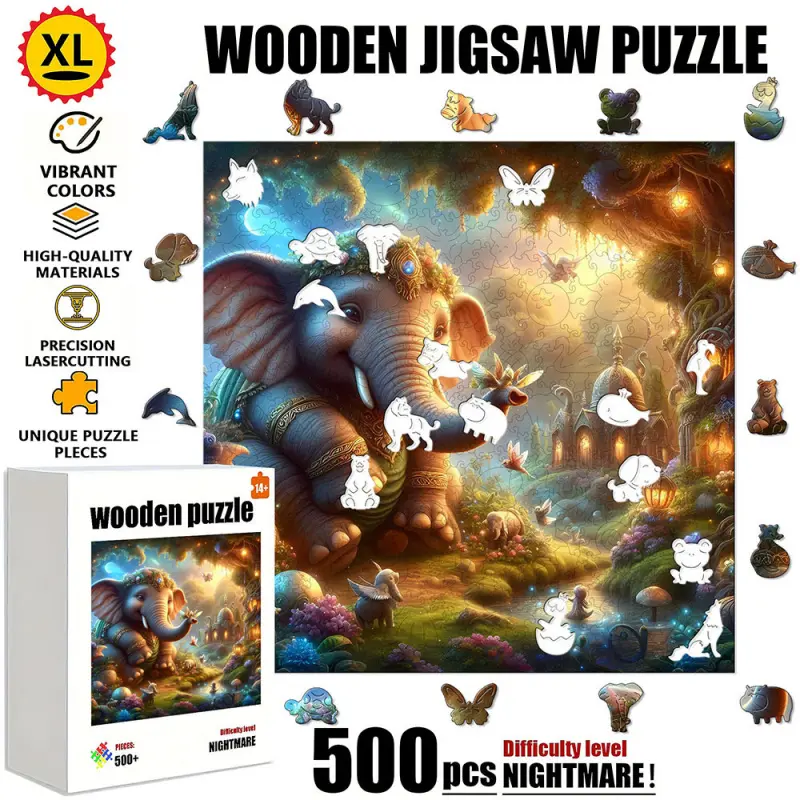1 Box (500 pcs) Wooden Puzzle, Creative Puzzle: The Gorgeous Elephant in the Fantasy Forest, durable, suitable for family entertainment, solo time, leisure on rainy days, and a perfect home decoration