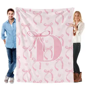 Personalized "D" Pink Bow & Heart Blanket | Ultra-Soft Flannel with a Monogrammed Initial | Perfect for Adding a Cute, Custom Touch to Any Bedroom or as a Thoughtful Gift for Birthdays, Holidays & More