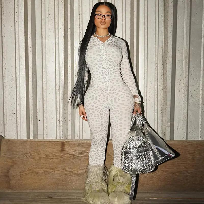 Women's Sexy Leopard Print Jumpsuit, Bodycon Long Sleeve Catsuit with Front Zipper and Flared Pants