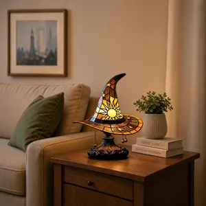 Vintage Stained Glass Witch Hat Shaped Table Lamp, Desktop Decorative Ornament for Home Supplies & Home Decor