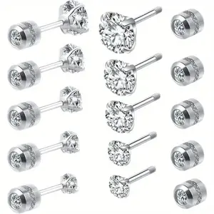 Screw Back Earrings for Men Stainless Steel Double-sided Round Cubic Zirconia Earrings