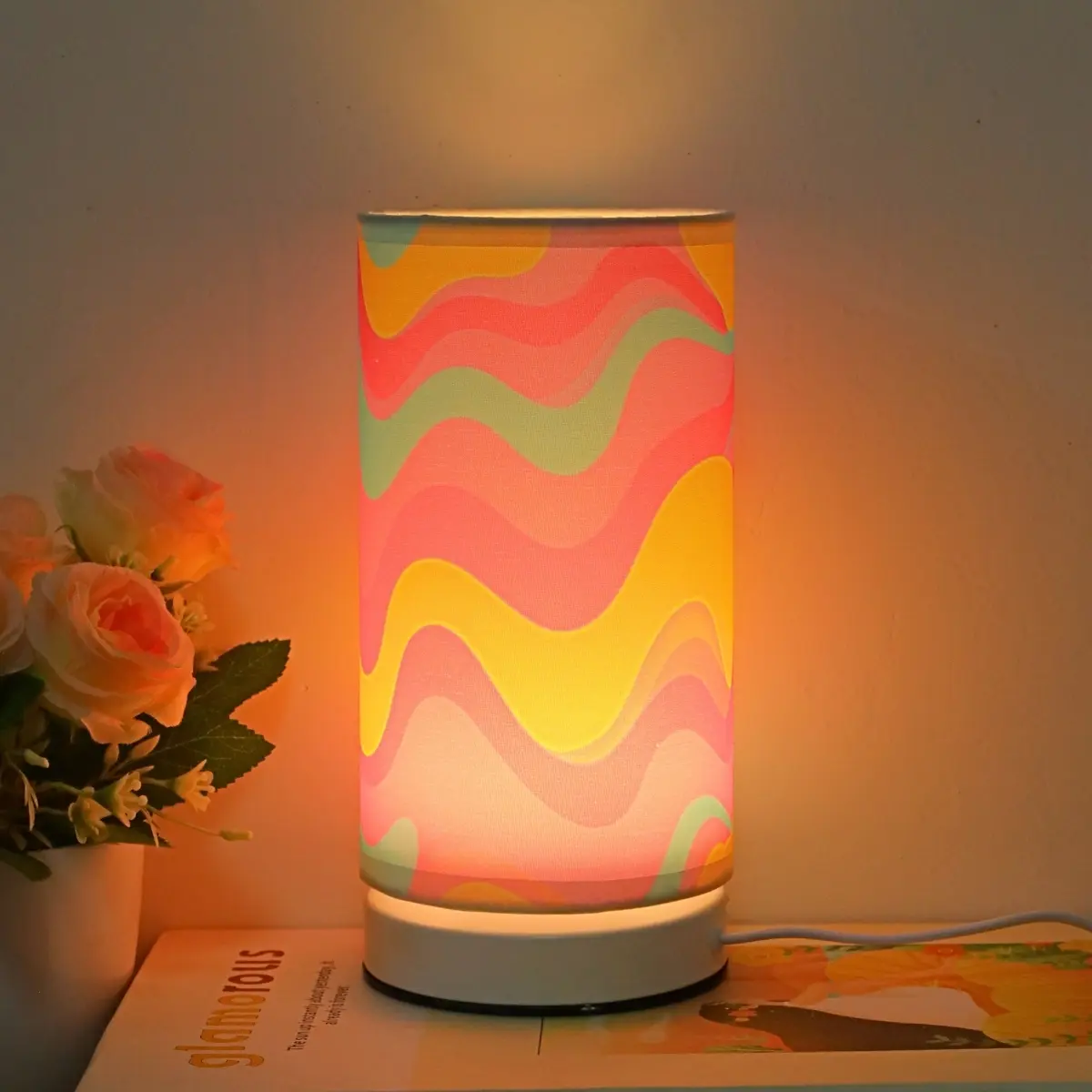 Modern Simple Cylinder Fabric Table Lamp, Warm LED Light with Switch Button, Textile Shade, Ideal for Bedroom, Living Room, Office