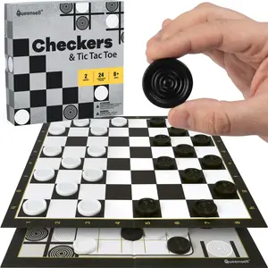Queensell 2-in-1 Checkers & Tic Tac Toe Set - Portable Foldable Board with 30 Pieces - Classic Fun for Home Travel & On-the-Go Play - Compact 13.4" x 13.4" Board