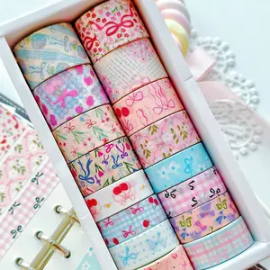 16 Rolls Bow Print Design Handmade Tape, Grid Pattern Adhesive Tape, Decorative Paper Tape for Scrapbooks, Journals, DIY Crafts, Gift Wrapping