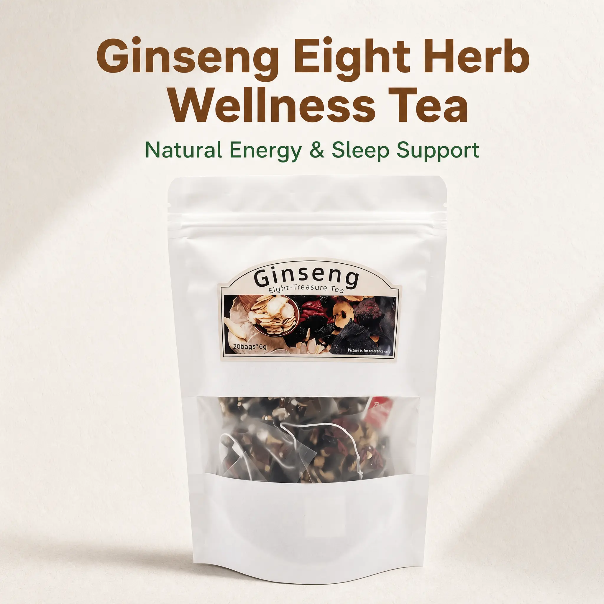 Ginseng 8-Treasure Herbal Tea Bags, Kidney-Support Formula with Red Date, Wolfberry & Mulberry, Natural Health Tea for Men & Women