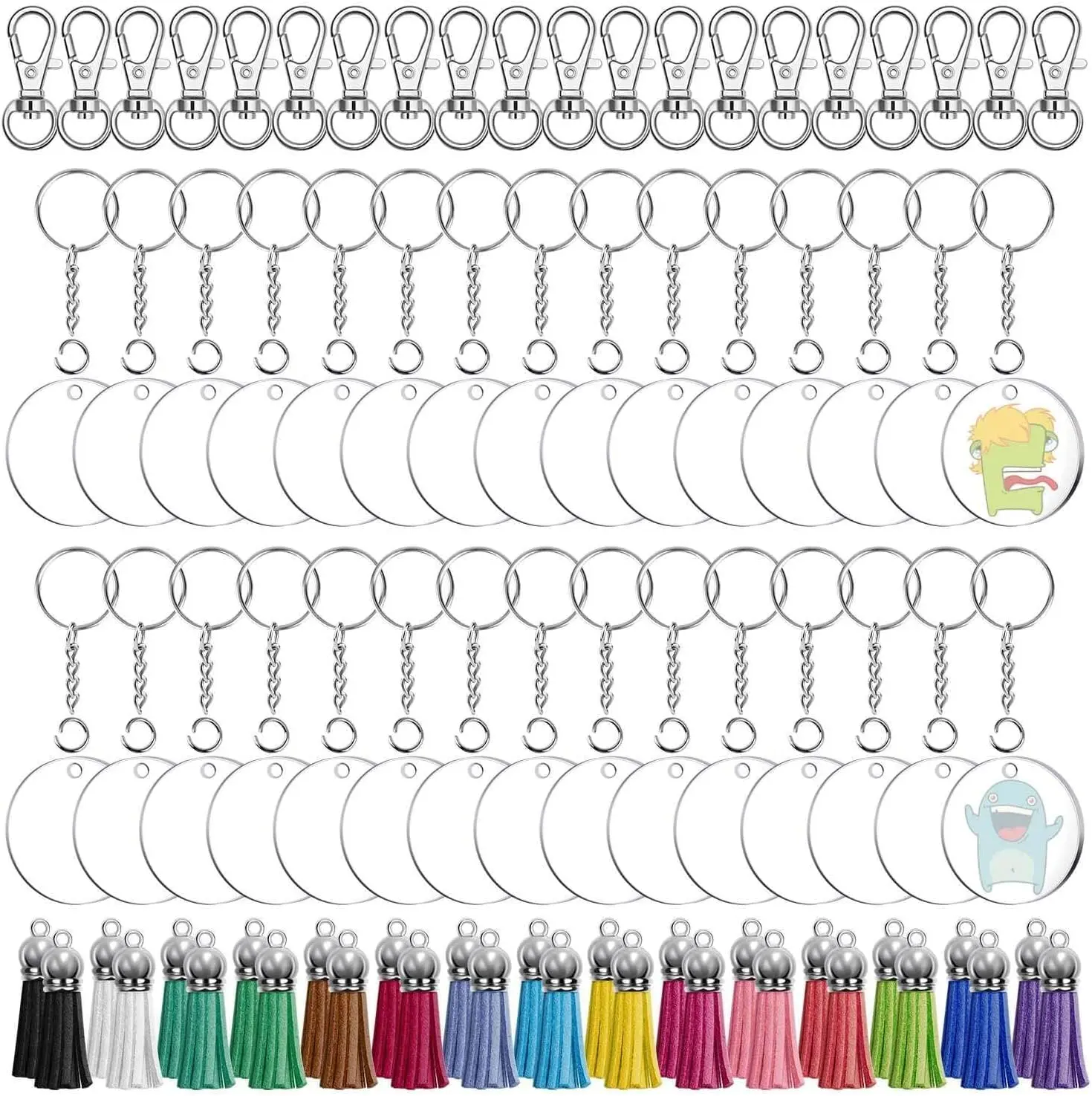 Acrylic Keychain Blanks Kit,Including Clear Acrylic Blanks, Keychain Tassels, Key Rings, Jump Rings for DIY Key Chain Vinyl Crafting