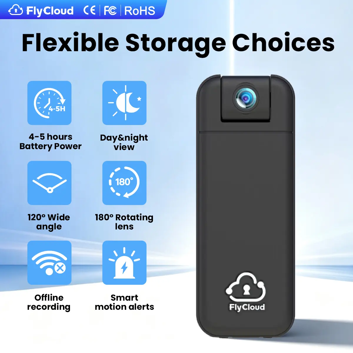 FlyCloud Seven 1080P Body Camera 16GB 120°Wide Angle, Audio Recording, Smart Infrared Night Vision, Built-in APP, 1900mAh Battery, WiFi & Bluetooth, AI Motion Detection , bodycamera for Sports\Pets \Work\Indoor\Outdoor\Recording Compact Video Recorder
