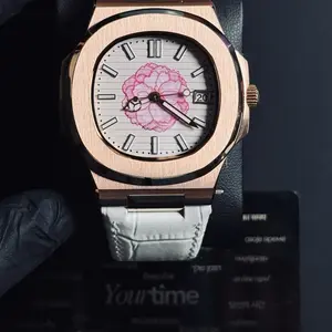 YourTime Pink Blossom Custom Built Watch with Rose Gold Case and White Leather Strap for Women