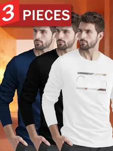 Men's three-piece set with long-sleeved shirt and round-neck casual T-shirt with letter pattern  Suitable for home, dates and outdoor activities