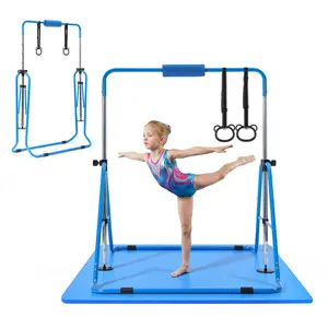 Gymnastic Bars for Kids, 140 Lb Capacity Folding Kip Bar with Mat, Adjustable Height Horizontal Bar for Home Use, Indoor and Outdoor Training Equipment, Easy Assembly, Safe Durable Construction, Blue