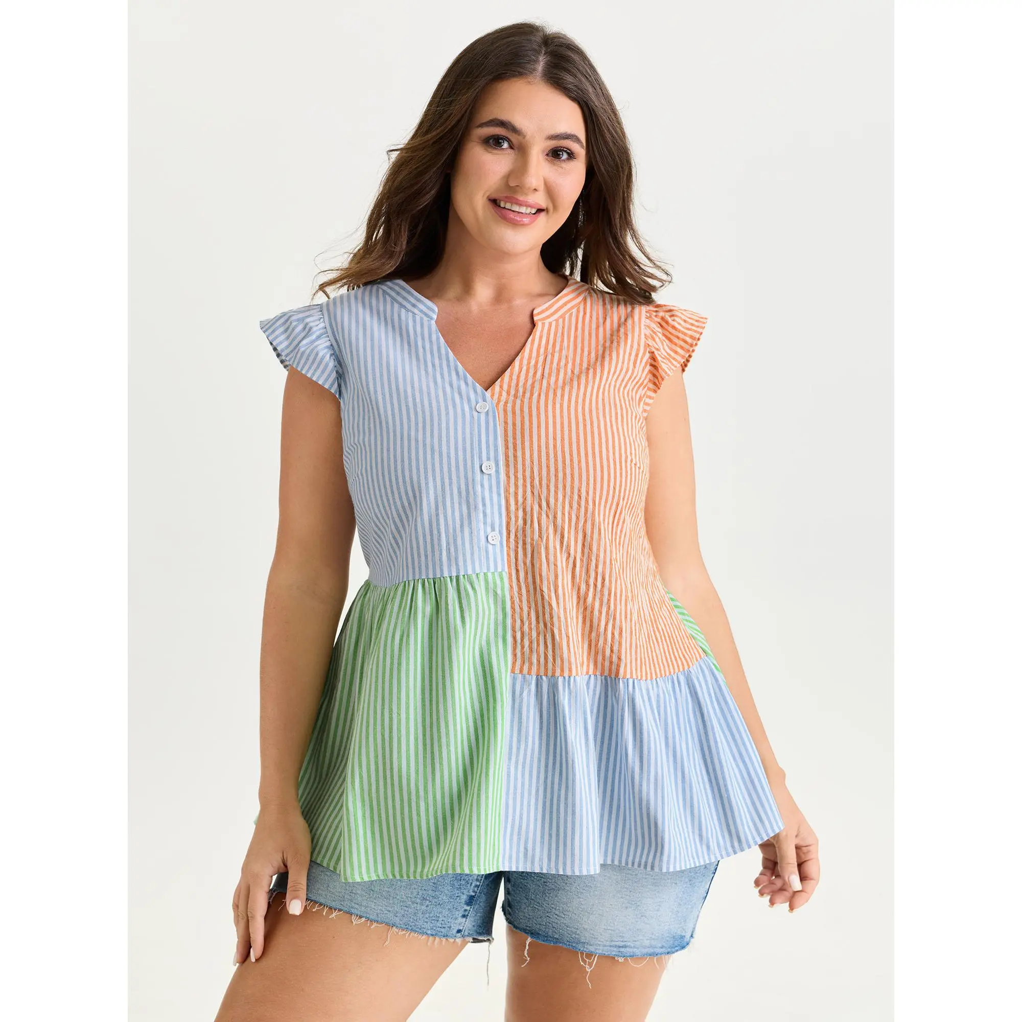 BloomChic Women's Playful Colorblock Striped Blouse, Casual Patchwork Rayon Blend Top with Flutter Sleeves for Going Out, Casual Basic Top, Cap Sleeve, Trendy Blouses, Ootd Ideas, Garment, Dress Casual