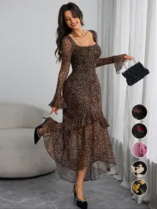 Women's Leopard Print Ruffle Trim Fitted Dress, Elegant Fashion Casual Square Neck Long Sleeve Dress for Daily Outdoor Wear, Women Dress for All Seasons, Milkmaid Dress