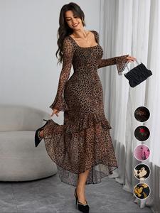 women's ruffle trim dress, lady elegant fashion casual square neck long sleeve dress for daily outdoor wear, women dress for all seasons, womenswear, longsleeves elegant formal dress