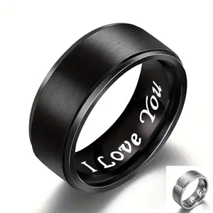 Elegant Men's Titanium Steel 'I Love You' Engraved Ring - Romantic Black Band with Creative Lettering, Ideal for Wedding, Anniversary & Valentine's Day Gift