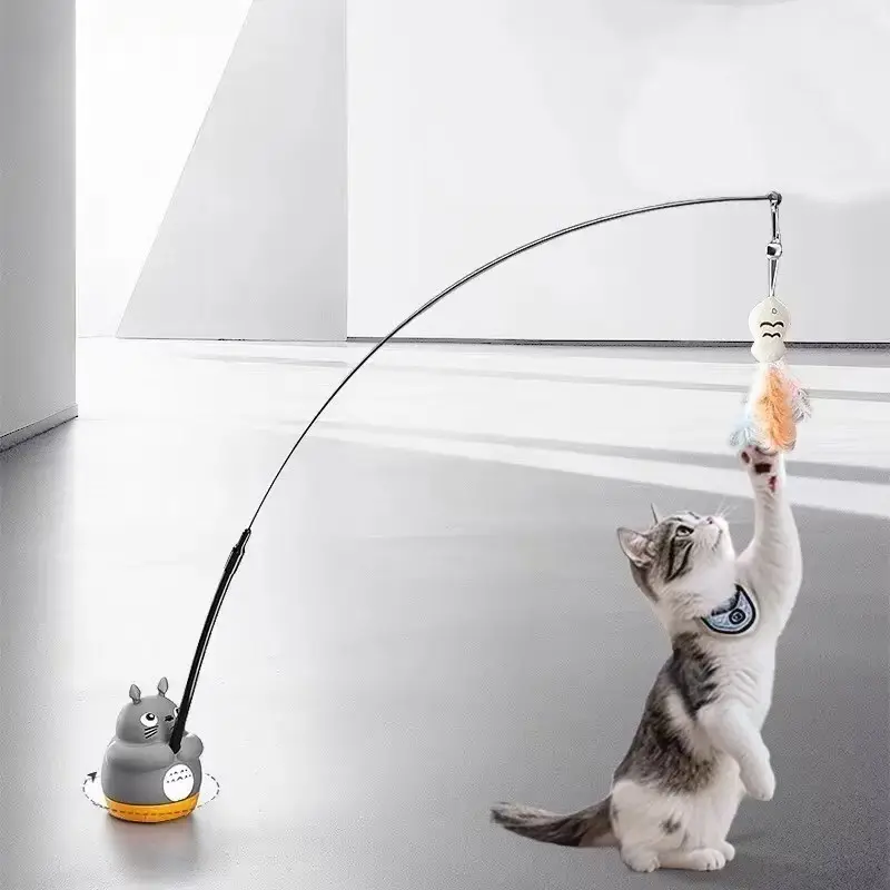 360° Rotatable Extended Flexible Wand Cat Teaser Toy with Simulated Feather, Anti-Tip Chinchilla Base, Detachable Bell Fish Pendant, Dual Fixed & Handheld Modes Interactive Kitten Boredom Relief Toy
