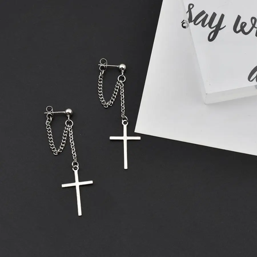 Silver Tone Small Cross Dangle Earrings for Women, Minimalist Chain Studs with Pendant Charm, Chic Jewelry Gift for Daily Wear, Cross Emblem Earrings, Silver Cross Studs Earrings