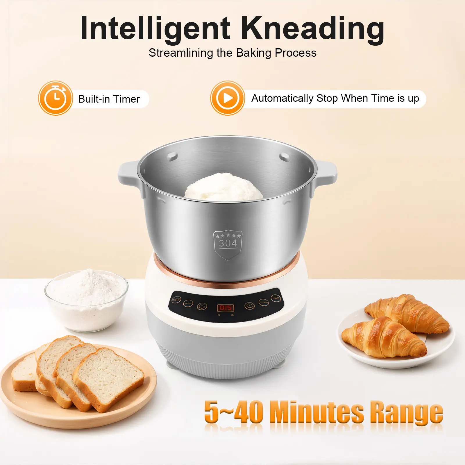 Electric Dough Kneading Machine, 5 Liter Large Capacity, Fermentation, Timer 5 to 40 Minutes, 304 Stainless Steel, Touch Control, Home Commercial